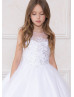 White Beaded Lace Tulle Long Flower Girl Dress